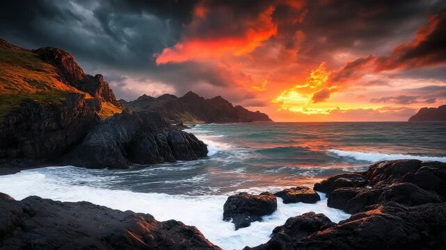 A dramatic, fiery sunset over a rugged, rocky coastline with crashing waves