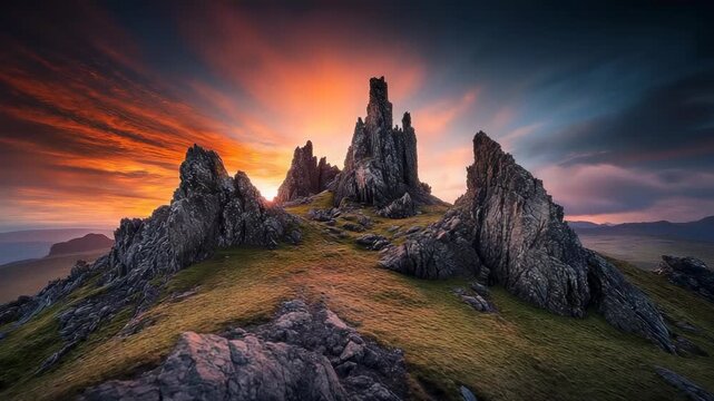 A dramatic sunset over jagged rock formations on a remote, mossy green hill