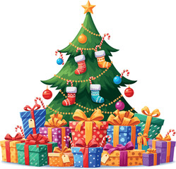 Naklejka premium Festive christmas tree surrounded by abundant colorful gift boxes