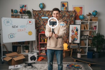 Young caucasian male vlogger sharing creative video ideas in home studio.