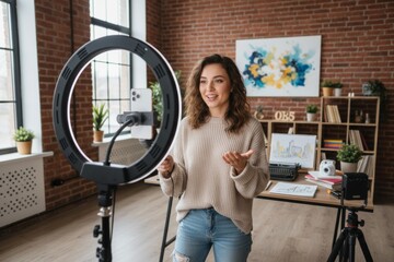 Young caucasian female vlogger creating content in modern home studio with ring light.