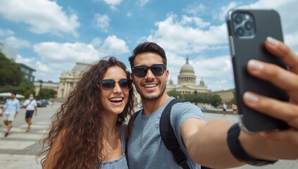 Couple taking selfie with smartphone and wearing sunglasses in stone plaza, with domed building