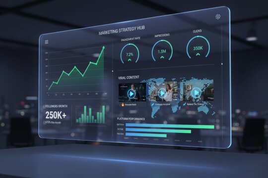Futuristic digital dashboard interface in modern office at night.