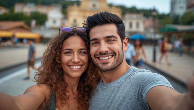 Smiling romantic couple taking selfie at stone-paved town square, with smartphone and sunglasses - Powered by Adobe