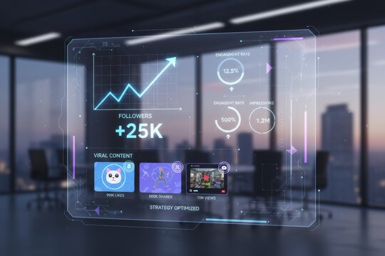 Futuristic social media analytics dashboard in modern office with city view.