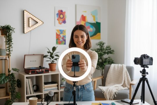 Young caucasian female vlogger setting up camera with ring light in creative home studio. - Powered by Adobe