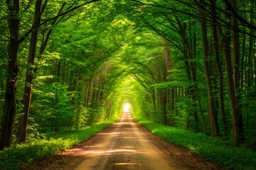 Sunlit path through a lush green forest tunnel with trees arching overhead
