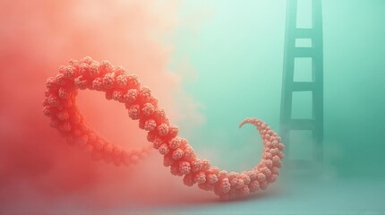 Futuristic Virus String with San Francisco Bridge in Misty Atmosphere