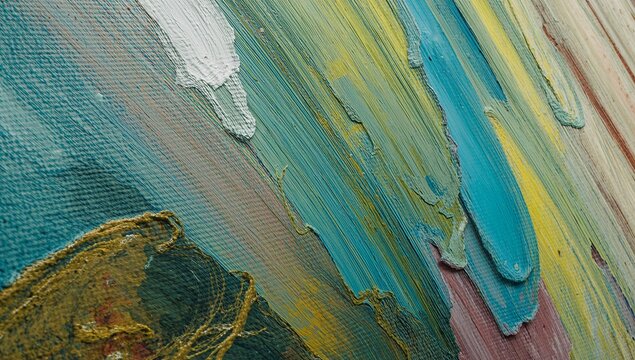 Displaying abstract textured painting on gallery wall, with thick oil paint ridges and canvas weave