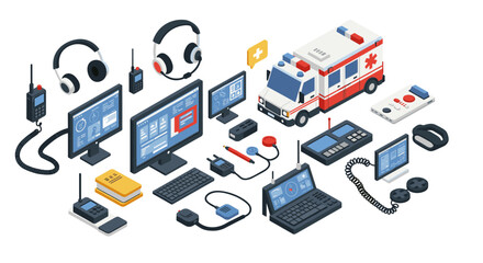 Emergency medical equipment and technology in isometric design