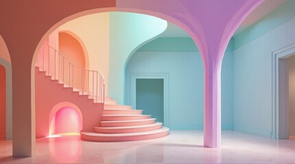 Colorful Modern Interior with Curved Staircase and Vibrant Pastel Walls