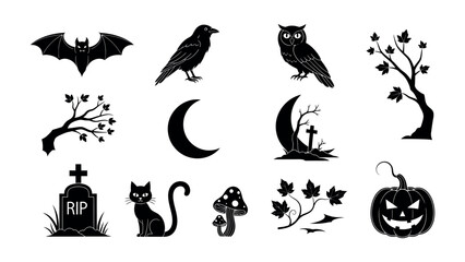 Halloween Silhouette Elements: A collection of spooky Halloween silhouette elements, including a grinning pumpkin, a wise owl, a sleek black cat, a full moon, and a bare tree.