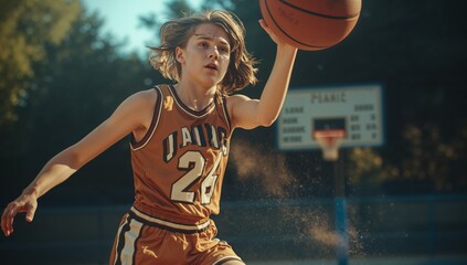 Leaping player wearing orange jersey controlling basketball on court, with hoop scoreboard and dust