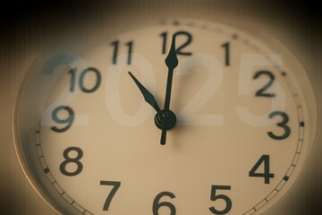 Close-up of clock with blurred 2025 symbolizing time countdown and the end of year.