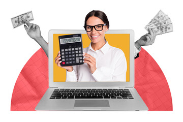 Composite photo collage of happy girl peek macbook device hold calculator count profit money business deal isolated on painted background