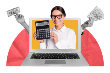 Composite photo collage of happy girl peek macbook device hold calculator count profit money business deal isolated on painted background