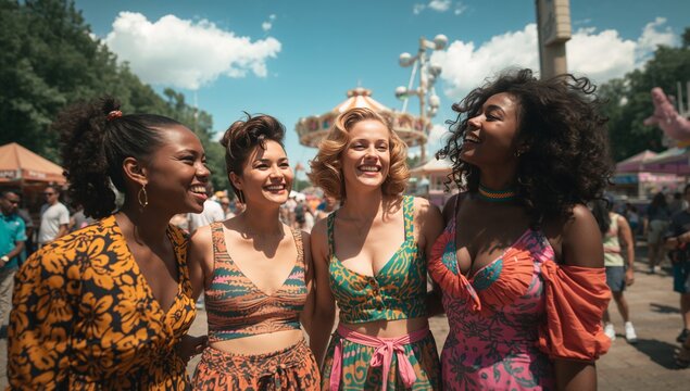 Laughing friends wearing floral dresses and hugging at carnival with vintage carousel and booths