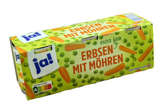 Ja Rewe Junge Erbsen mit M&ouml;hren Extra Fein 3 Dosen auf transparentem  Hintergrund