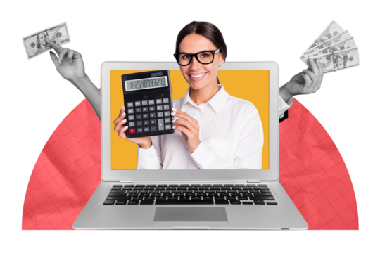Composite photo collage of happy girl peek macbook device hold calculator count profit money business deal isolated on painted background