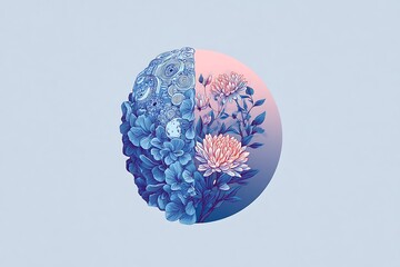 minimalist conceptual poster, half of brain mechanical cosmic, half organic floral, harmony between reason and feeling, centered composition, gradient white-blue background, 