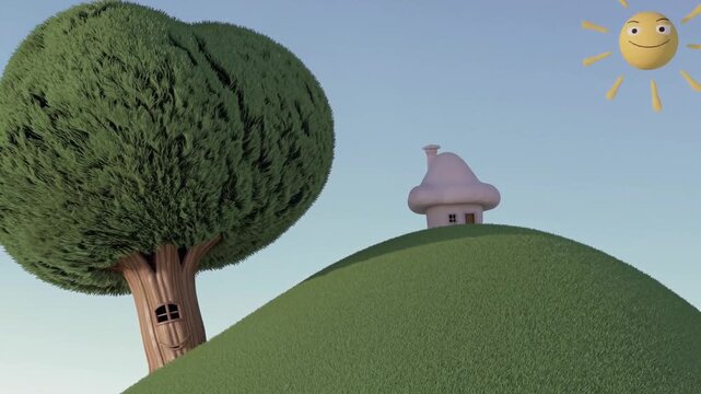 Colline verte avec arbre et maison champignon sous un soleil souriant