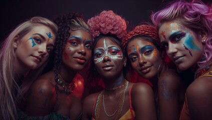 Posing five female models wearing vibrant face paint before studio backdrop, with floral headbands