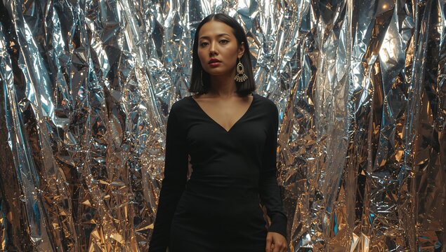 Standing Asian model wearing black wrap dress and chandelier earrings in studio, with foil backdrop - Powered by Adobe