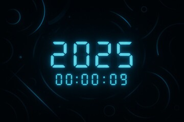Digital countdown timer showing 2025 with final seconds before New Year, futuristic glowing numbers on dark background. The end of 2025.