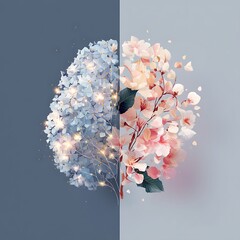 conceptual vector art of half brain made of stars and half of flowers, minimalist design, harmony of intellect and emotion, pastel gradient background, modern corporate art style, 