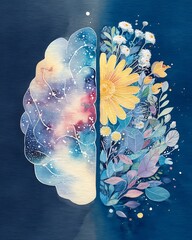 watercolor conceptual painting of divided brain, one side filled with stars and galaxies, another side blooming with flowers and leaves, representing inner peace and balance, 