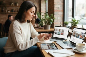 Young caucasian female entrepreneur working on multiple devices in a cozy cafe setting.