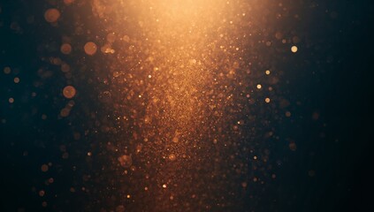 Shimmering column of golden particles floating in dark studio environment, with sparkling dust orbs