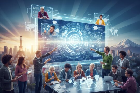 Diverse group collaborating on futuristic digital interface with global connectivity in cityscape.