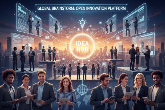 Diverse professionals collaborating in global innovation platform at sunset.