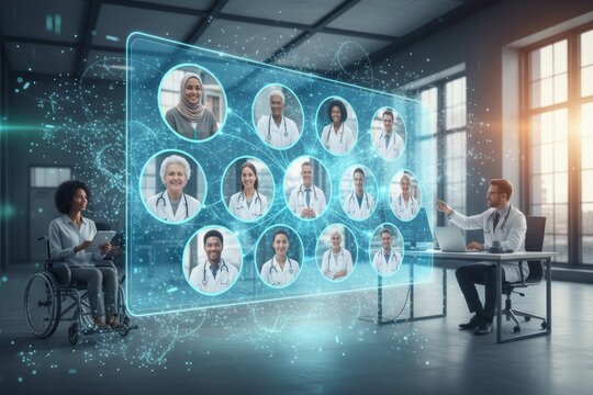 Diverse healthcare team meeting via advanced holographic technology in modern office.