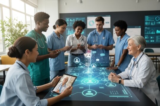 Diverse medical team collaborating on digital health platform in modern office.