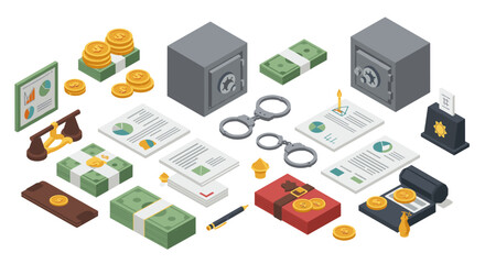 Isometric financial crime elements with money, safes, and documents