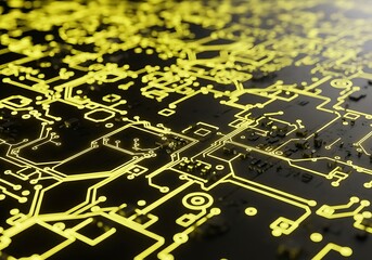 High quality image of abstract closeup of a glowing yellow circuit board, representing technology, data, and digital innovation