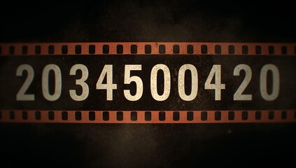 Fototapeta premium Showing reddish-brown film strip spanning textured backdrop, with sprocket holes, digits 2034500420