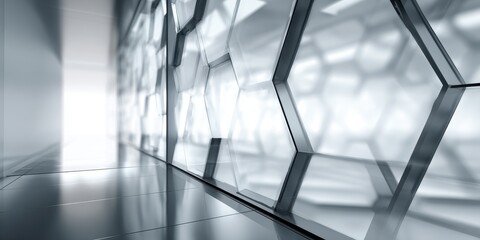 Modern Hallway with Hexagonal Glass Panels Leading to Bright Light