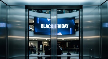 Black Friday sale advertisement in a mall elevator. Perfect for advertising, marketing, promotion, or retail designs during the holiday shopping season. Consumerism.