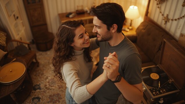 Dancing couple holding hands, swaying on patterned rug at home, with spinning record player