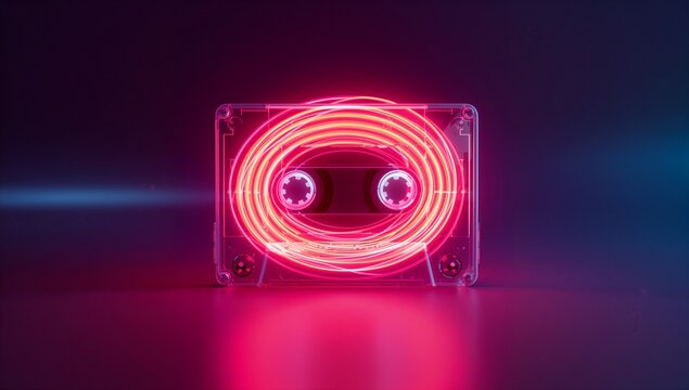 Resting transparent cassette shell showcasing glowing neon tape coils on glossy tabletop surface - Powered by Adobe