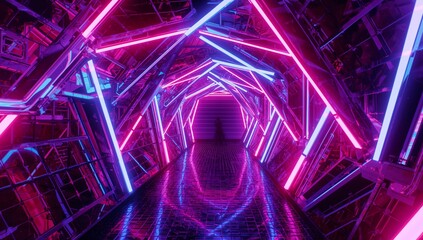 Glowing neon tubes lining corridor inside spacecraft, reflecting mirrored panels and floor tiles