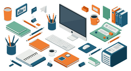 Isometric office essentials: computers, stationery, and documents in orange and teal