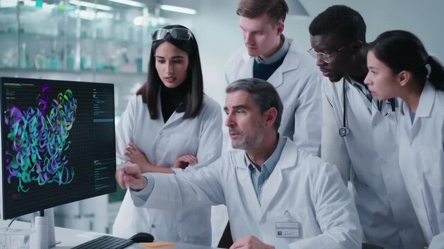 Scientists analyze protein structure in modern laboratory setting with high-tech graphics