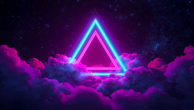 Glowing neon triangle floating above vibrant pink-purple clouds, with cosmic dreamscape star field - Powered by Adobe