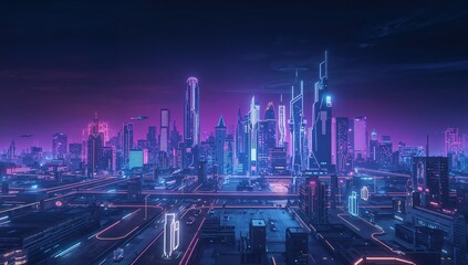 Fototapeta premium Dominating illuminated skyscrapers glowing on platform rooftops, with neon highways and drones