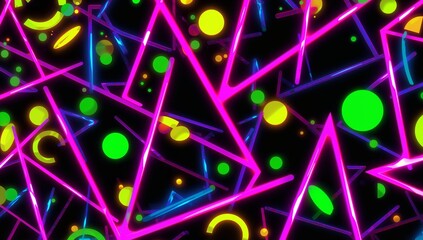 Forming neon pink triangles intersecting on black background, with green, yellow, orange circles