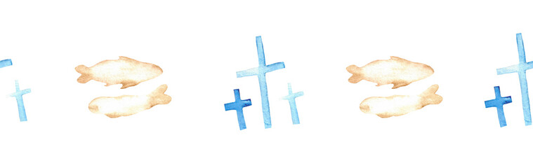 Watercolor Christian border.Watercolor hand-drawn border.